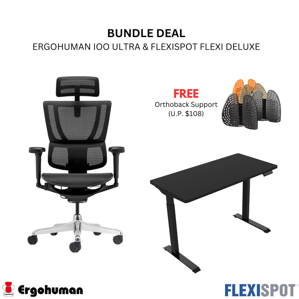 Ergohuman IOO Ultra Ergonomic Office Chair + Flexi Deluxe Ergonomic Adjustable Standing Desk, Free Orthoback